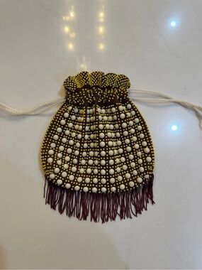 Beaded Drawstring Fringe Pouch Bag in Brown and Yellow